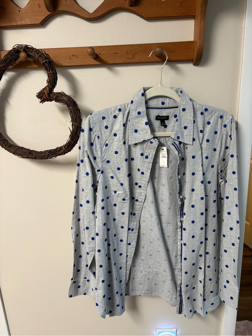 NWT Talbots Light Blue Button-Down with Navy Polka Dots
